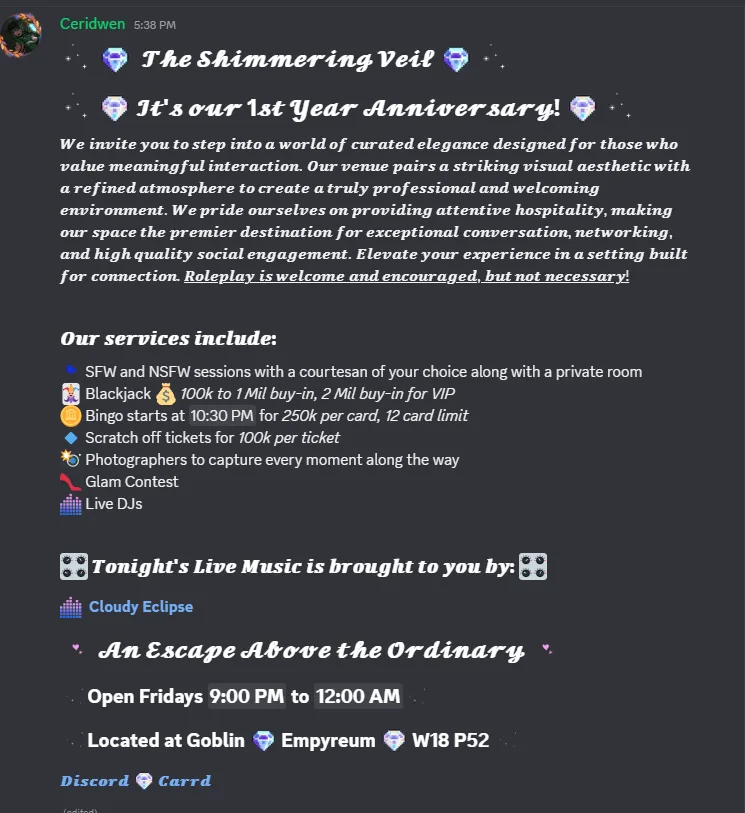 The Shimmering Veil 1st Year Anniversary Discord Ad